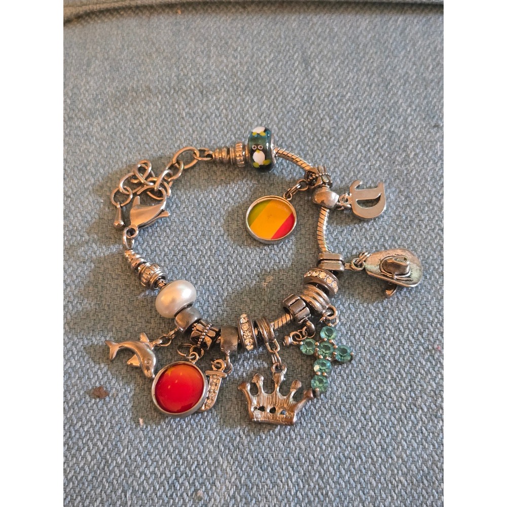 Silver Tone Multi Charm Bracelet Penguin Crown Cross Cowboy Hat Dolphin J Pearl